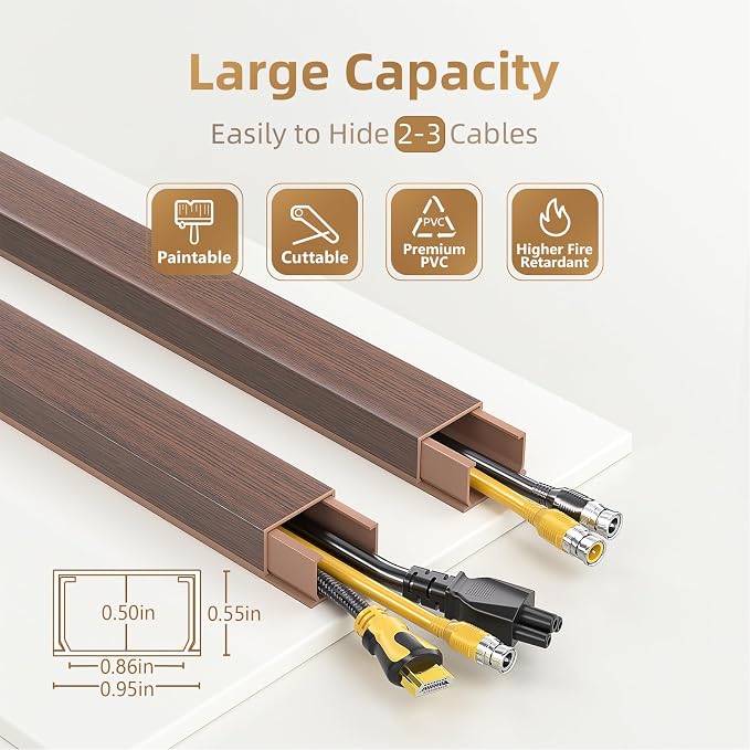 Delamu Cord Hider, 85in Cord Covers for 2-3 Wires on Wall, Self-Adhesive Cable Hider, PVC Wire Hiders Wire Covers for TV Cords on Wall, Easy Mount Cable Cover Raceway Kit, W0.95 H0.55in, Cherrywood - Image 2