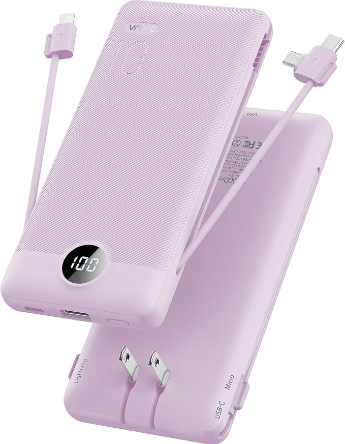 VRURC Portable Charger, Power Bank Built-in Cables and AC Wall Plug | USB C Power Bank 10000mAh Travel Essentials Phone Charger Compact External Battery Pack For Smart Phones, Tablets etc-Purple by Home