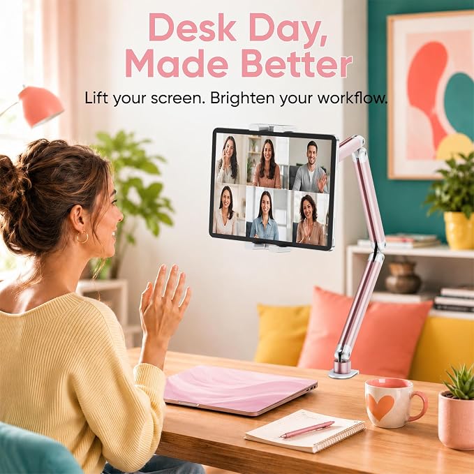 Portable Monitor Stand up to 18.5", iPad Stand for Desk, Pink | Aluminum Arm, Portable Monitor Holder 15.6", Adjustable Desktop Tablet Mount, Second Screens - Image 5