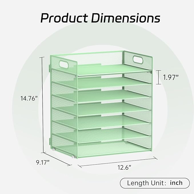 7 Tier Paper Organizer for Desk with Letter Trays & Handle Mint Green | Black Desk File Organizer with Handle for Sorting Papers, Files, Folders, Mail, Bills and Office Supplies - Image 2