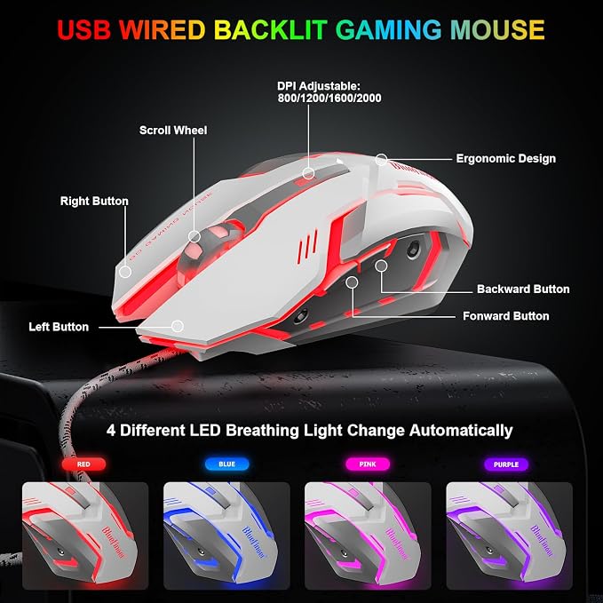 BlueFinger RGB Gaming Keyboard and Backlit Mouse Combo, USB Wired, LED Gaming Set for Laptop PC Computer Game and Work (White & Black) - Image 5