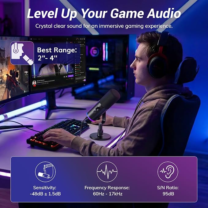 TONOR Dynamic Gaming Microphone XLR/USB Mic with AI Noise Cancellation | Desktop Stand Set, RGB, Tap Mute, 3.5mm Jack, Gain Control, Microfono for Content Creators, Black, TD510 AIR S - Image 3
