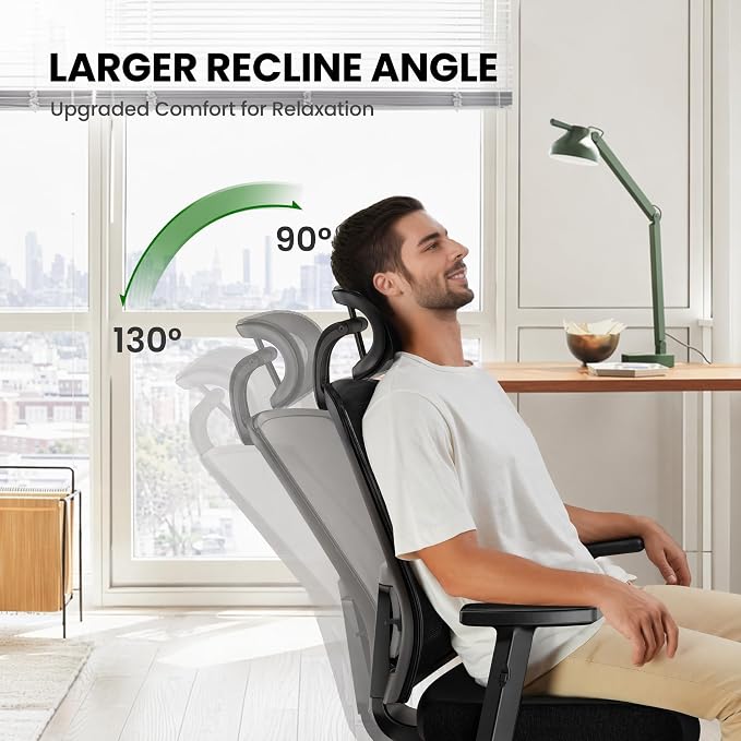 Marsail Ergonomic Office Chair with Lumbar Support,2D Headrest, Adjustable Armrests, Contoured Seat Cushion,Desk Chair with Wheels for Home and Office - Image 4