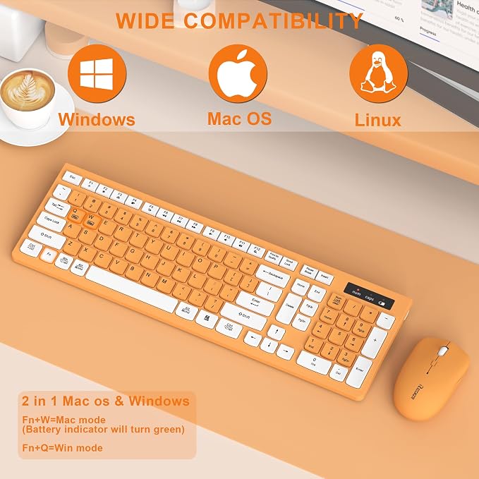 Quiet Wireless Keyboard and Mouse Combo for Office and Home (Orange-A) | Silent 2.4G Full Size Cordless Keyboard with Tilt Legs,3-Level DPI Quiet Mouse,for Windows,Mac OS/Desktop/Laptop/PC - Image 7