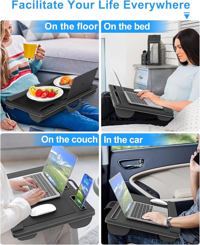 HETTHI Laptop Lap Desk, Portable Large Laptop Desk for Bed, Up to 17 Inch Lap Pad Tray with Wrist Rest, Mouse Pad, Tablet Phone Slot, Portable Handle, Cushion (Black) - Image 6