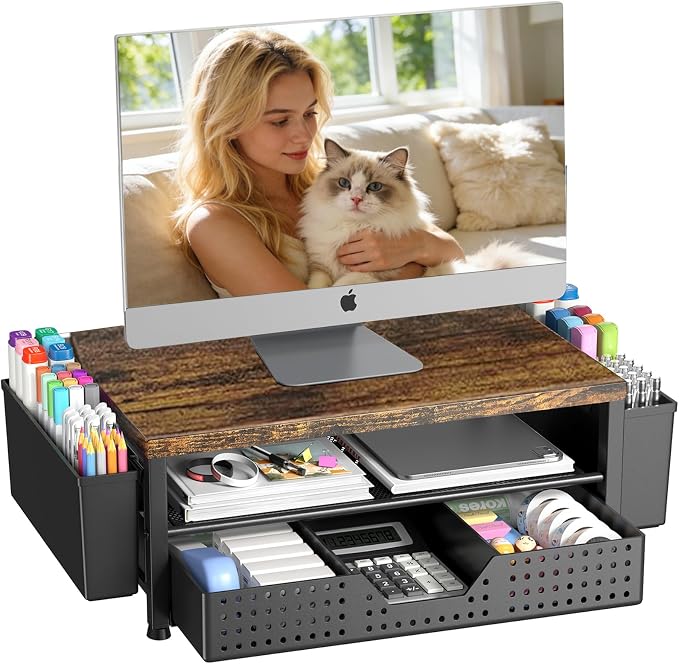 Desk Organizers and Accessories, Computer Monitor Stand Riser with Drawer and 2 Pen Holders, Printer & Laptop Stand, Office Desk Accessories & Workspace Organizers for Home Office Supplies, Brown by OPNICE