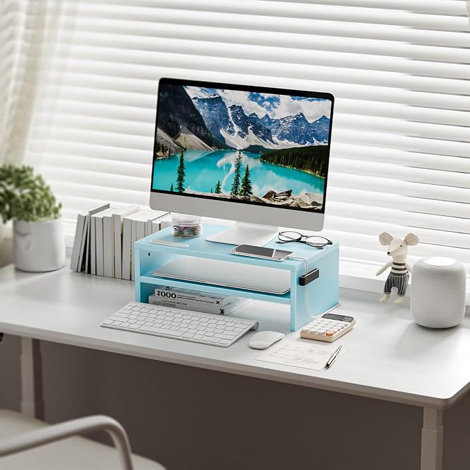 Marbrasse Wood Monitor Stand Riser,Desk Computer Printer Shelf Stand，Blue | 2 Tier Laptop Computer Screen Storage, Desktop Stand with Phone Holder and Cable Management - Image 2