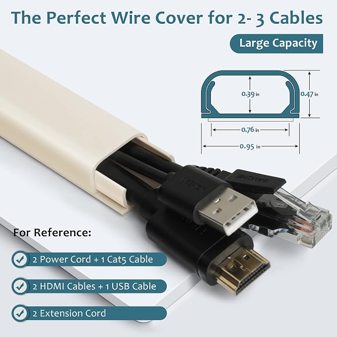 ZhiYo 43" Cord Covers for Wires on Wall, Beige Cord Hider, 0.95" W x 0.47" | Fits 2-3 Cords, Premium Paintable Raceway for Wall-Mounted TV, Self-Adhesive Wire Hider for Extension Cords & Ethernet Cables - Image 2
