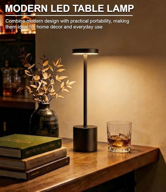 Cordless Table Lamp Set of 2, Rechargeable 5000mAh Battery Operated Outdoor Table Lamps, Portable LED Desk Lamp, 3 Color Dimmable Table Light for Restaurant, Patio, Bedroom, Bedside Night Lamp(Black) - Image 7