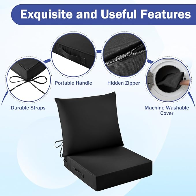 Outdoor Chair Cushions, 24 x 24 Inch Outdoor Cushion for Patio Furniture, Patio Chair Cushion, Waterproof & Fade Resistant Deep Patio Furniture Cushions Set with Handle and Ties, Black (Set of 6) - Image 5