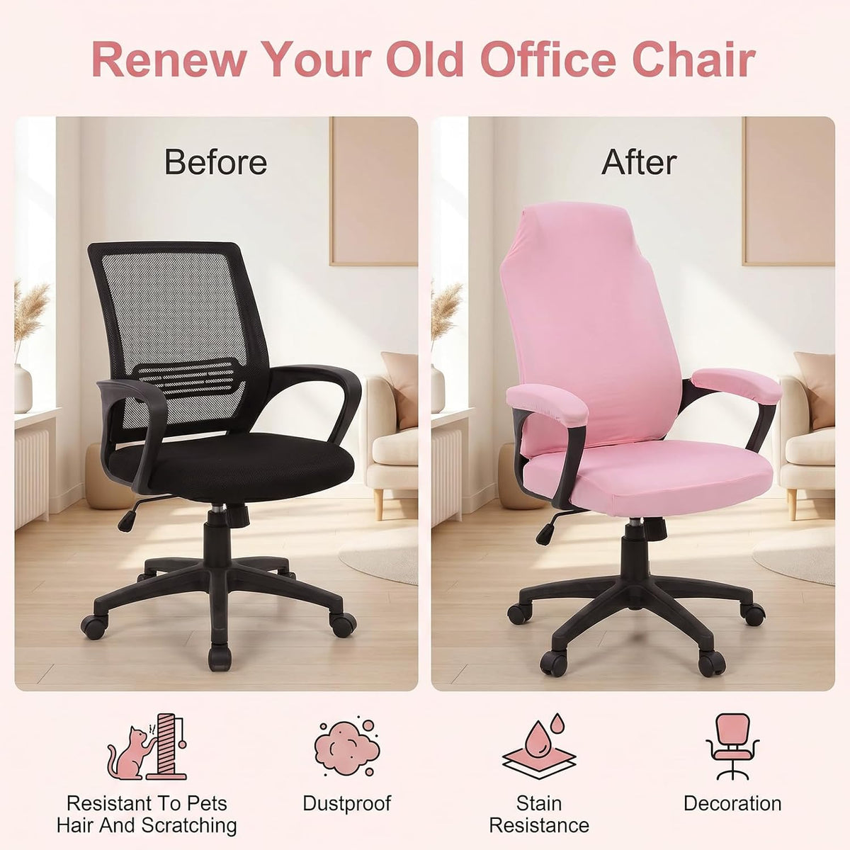 4 Pcs Office Chair Covers Set with Armrest, Stretchable Pink - Image 5