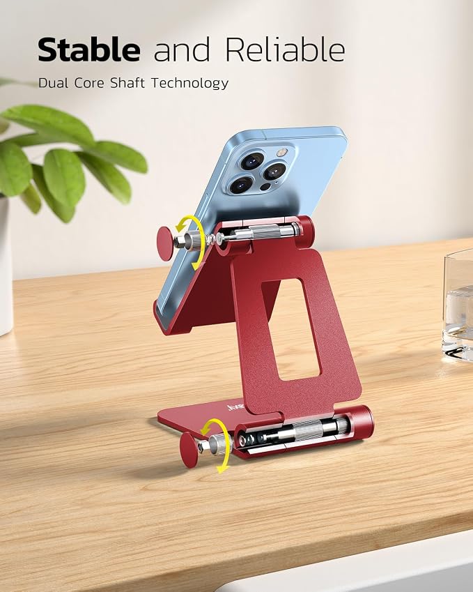 Nulaxy Full Aluminum Dual Folding Cell Phone Stand for Desk, Red | Height Angle Adjustable, Portable, Anti-Slip Base, Fits 18mm Thick Case Smartphone, Nintendo Switch Desk Essential Accessory - Image 4
