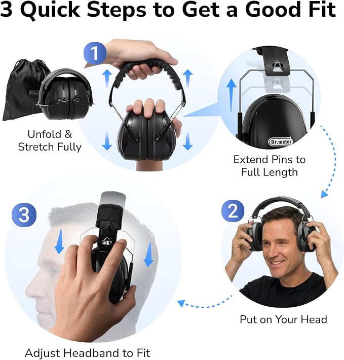 Dr.meter Hearing Protection Ear Muffs, 31dB Noise Reduction Safety Earmuffs with Adjustable Headband for Adults Kids Autism Sensory, Ear Muff for Yard Work, Mowing or Hunting -Pure Black 2PACK - Image 8