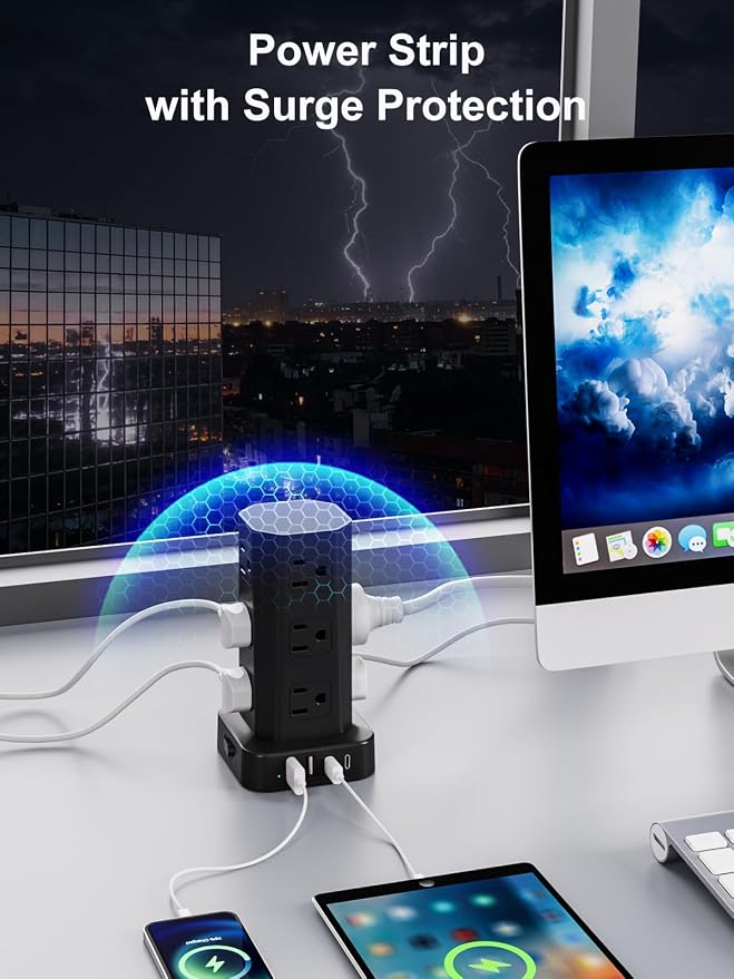Power Strip Tower Surge Protector, 10FT Flat Plug Extension Cord with Multiple Outlets, 12 AC Outlets 4 USB (2 USB C), Desktop Surge Protection Tower for Home Office Dorm Room, Black - Image 8