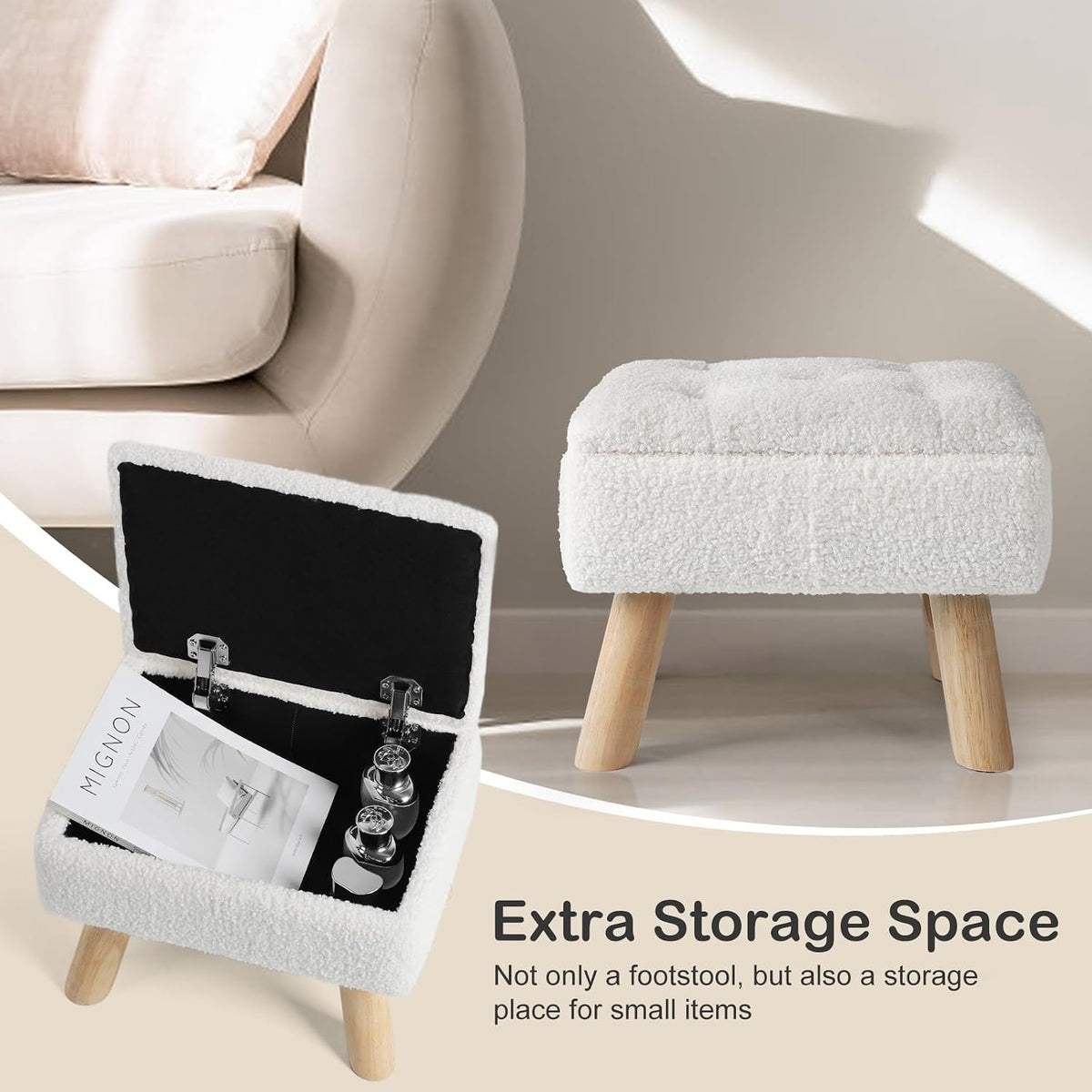 Storage Ottoman, Small Foot Stool Ottoman with Storage, Boucle Teddy Velvet Foot Rest with Padded Seat, Sturdy Wood Legs Stool for Living Room, Bedroom, Couch, Enterway (Cream) - Image 5