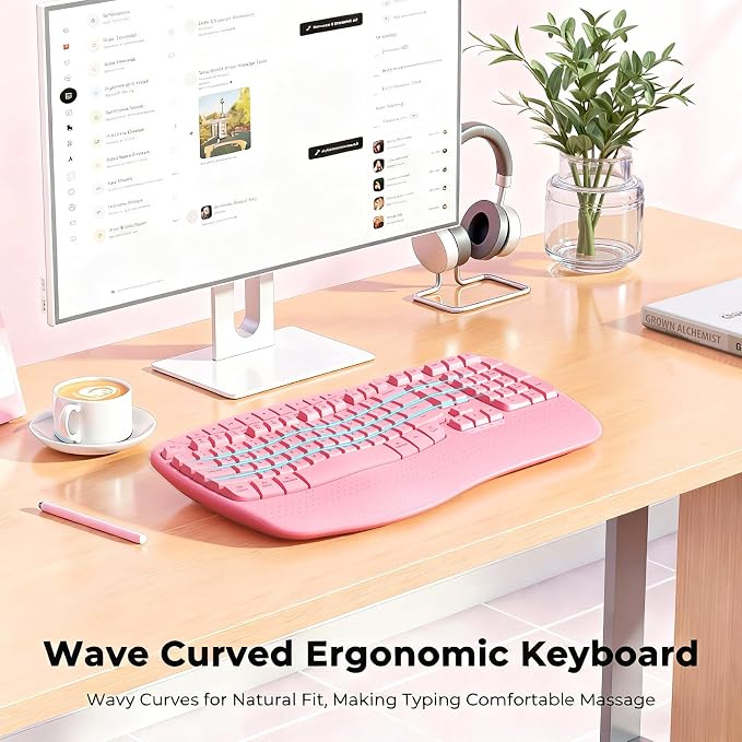 MEETION Wireless Ergonomic Keyboard with Wave Keys and Wrist Rest - Pink | Firm wrist rest, 2.4G USB-A receiver, USB-C adapter included, full-size layout, compatible with Windows, Mac, PC, laptop - Image 2
