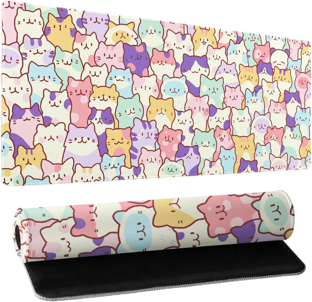 Kawaii Cats Gaming Mouse Pad XL Cute Anime Kittens Japanese Extended Large Desk Mat 31.5”x11.8” Cats Desk Pad for Gamer Non-Slip Rubber Base Stitched Edge Long Keyboard Mousepad for PC Computer Laptop by Granbey