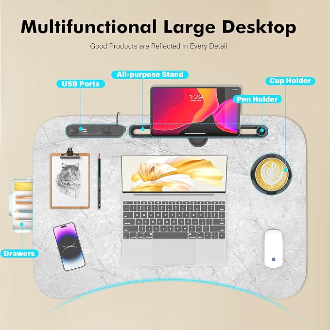 Lap Desk for Bed Adjustable Height, Foldable Bed Table with Storage Drawer, Tablet Slot & Cup Holder, Portable Laptop Stand for Bed & Sofa, Bed Desk for Adults & Kids, Light Stone Color - Image 5