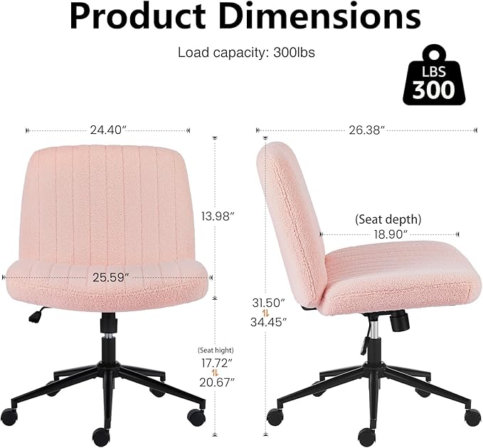 OLIXIS Criss Cross Chair with Wheels, Vanity Chair, Home Office Desk | Furry Teddy Fleece, Wide Seat Armless, Height Adjustable Swivel, Home Computer Task, Bedroom, Study, Pink Teddy - Image 2