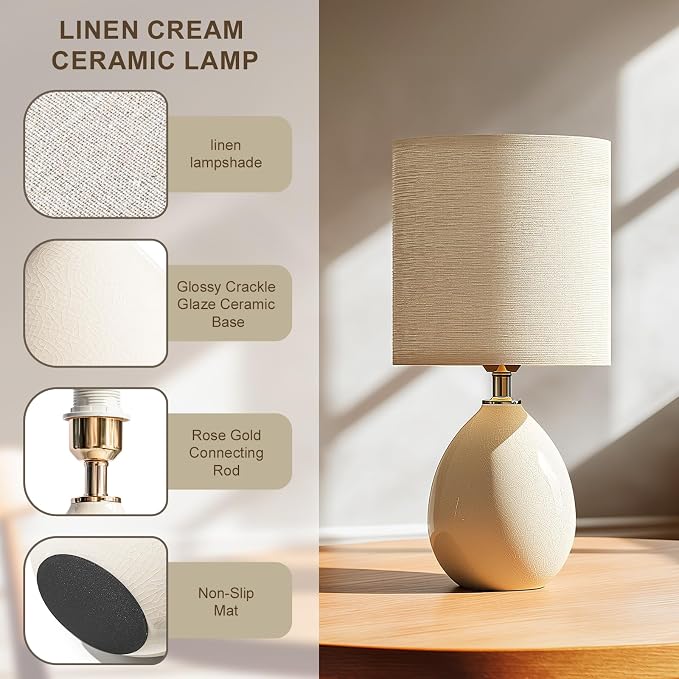 18.5" Table Lamps Set of 2 for Living Room Bedroom, Bedside Lamps for Night Stands, Desk Nightstand Lamp Dimmable, Modern Linen Cream Ceramic Lamps - Image 4