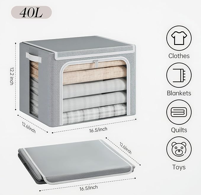 Yecaye Stackable Clothes Storage Bins with Lid, Grey, 40L, 6 Pack | Metal Frame, Foldable, Clear Window & Zippers & PU Leather Handles - Image 7