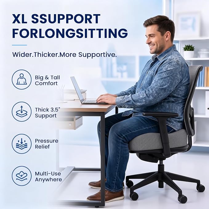 CJACSOC Seat Cushion, Extra Large Memory Foam Cushion for Office Chair Cushions, Ergonomic Cushions Pad Pillow for Pressure Relief Sciatica & Pain Relief for Long Sitting, Grey - Image 5