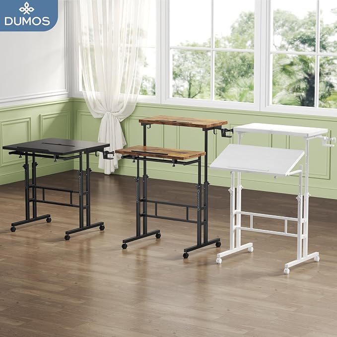 DUMOS Rolling Standing Desk, Sit Stand Desk, Computer Cart | Manual Height Adjustable, Split Top Mobile, Laptop Workstation, Portable Home Office, Walking Pad Study Surface, White - Image 2