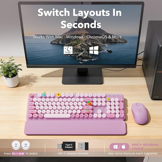 Wireless Keyboard and Mouse Combo, Round Keycaps, Full-Size Retro Typewriter Keyboard with Magnetic Wrist Rest, Tilt Legs, 2.4GHz Cordless Connection for Mac/Windows/PC, SABLUTE CK23, Lavender Purple | Full-Size Typewriter-Style Keyboard, Tilt Legs, 2.... - Image 9