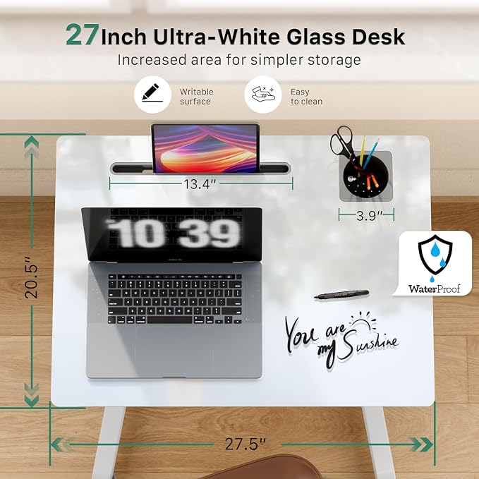 Glass Mobile Rolling Standing Desk on Lockable Wheels, White | 27inch Portable Laptop Workstation Height Adjustable with Cup Holder, Slot, Hook, Pneumatic Rising Cart for Writing, Drawing - Image 3