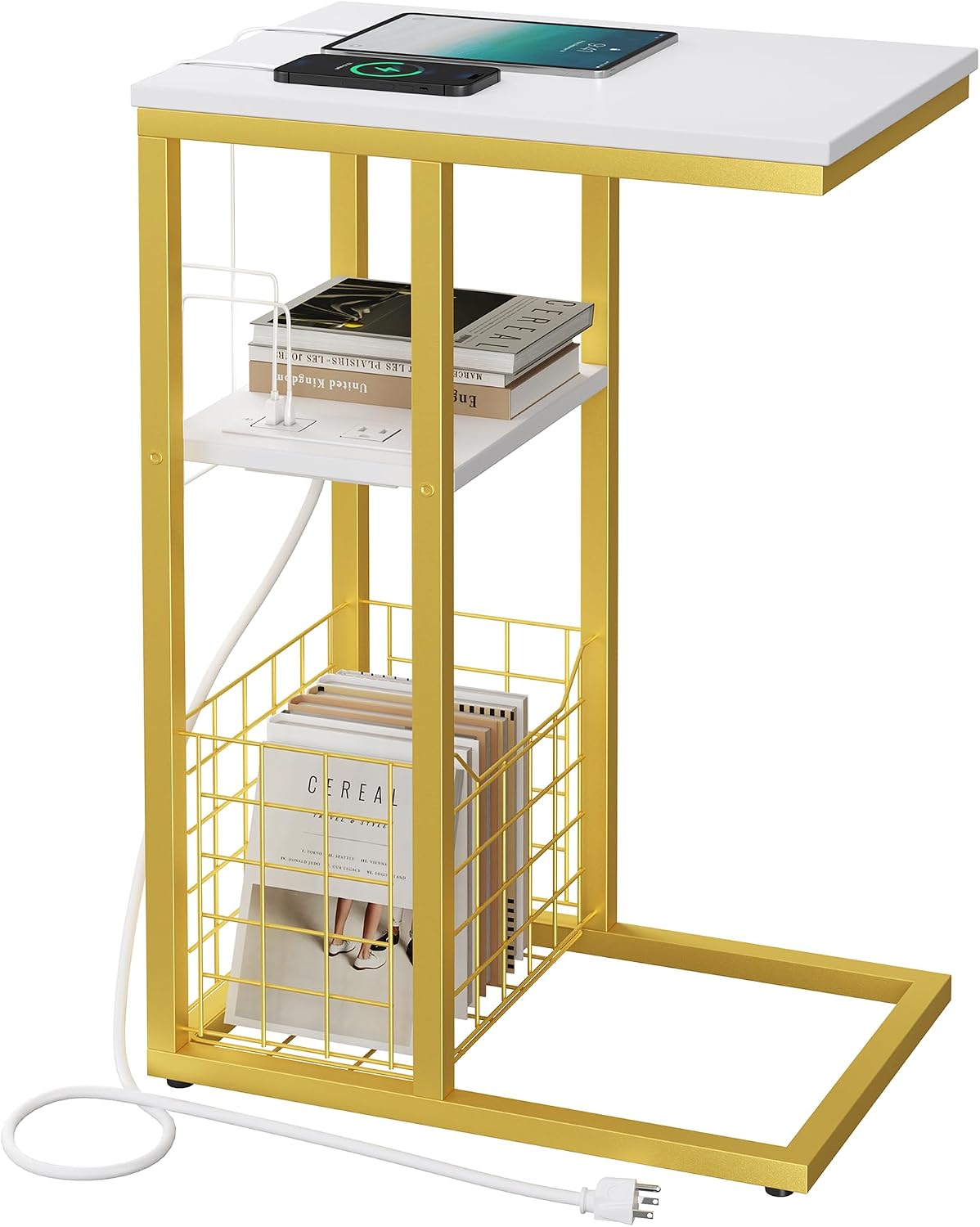 C Shaped End Table with Charging Station, Side Table for Couch, Small Side End Table for Small Spaces, 28" High Slide Under Sofa Table for Coffee, Tv Tray Table for Living Room, Golden by Vagusicc