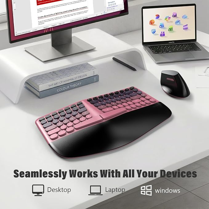 MOFII Wireless Ergonomic Keyboard and Mouse Combo, Split Curved Keyboard with Wrist Rest, Vertical Mouse, 2.4G, for PC Laptop Desktop Mac- Pink Gradient Colorful - Image 6