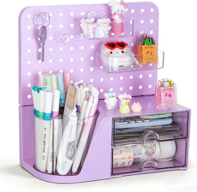 Comix Desk Organizer with 2 Drawer, Purple 360 Rotating Pen Holder for Desk | Desk Organizers and Accessories with 5 Slots Pencil Holder+Pegboard+Drawer, Pen Organizer for Home School Art Office Supplies by Comix