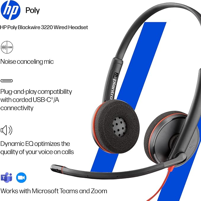 Poly Blackwire 3220 Wired Headset with Mic, Hi-Fi Stereo Sound, Noise-Canceling Mic, Stereo Design, Connect to PC via USB-C & USB-A Adapter, Over-Ear Design, Works with Virtual Meeting Platforms - Image 2