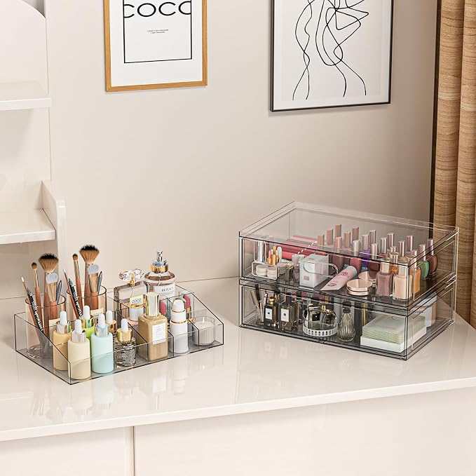 Clear Stackable Makeup Organizer with Drawer, 12''W Acrylic Storage Drawers | Cosmetic Display Case for Vanity Bathroom Countertop Drawers, Beauty Holder for Lipstick Brush Skincare Perfume - Image 4