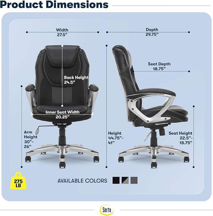 Serta Ergonomic Executive Office Chair, Padded Arms Mesh Back Leather Chair | Amplify, Contoured Lumbar Lower Back Support, Back Pain Relief, Adjustable Height & Tilt, Work From Home Desk Chair, Black - Image 3