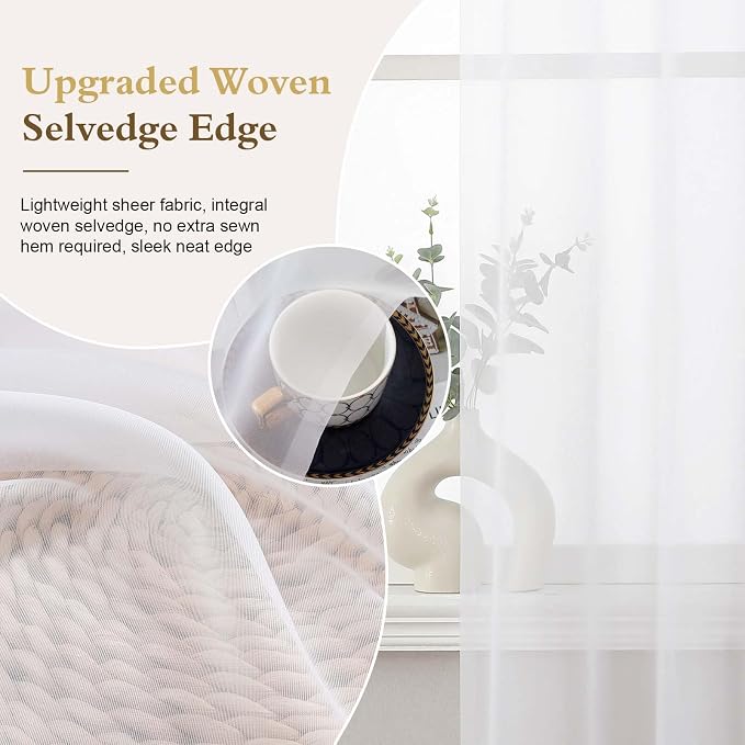 White Sheer Curtains 96 Inches Long 2 Panels for Living Room 52 Wide | Elegant Airy Sheer Curtain for Bedroom, Light Filtering Window Treatments, Rod Pocket, 2pcs Each 52" Width x 96" Long - Image 5
