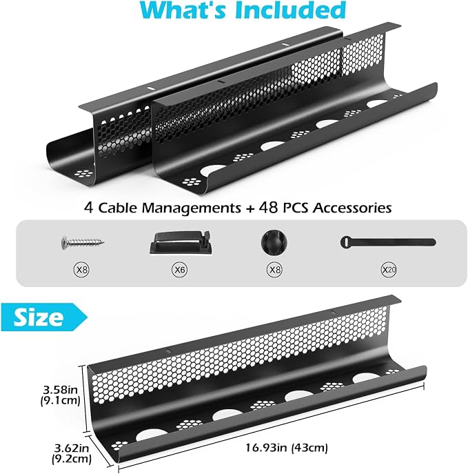 KHAMAL Cable Management Under Desk 52PCS - Cable Management Tray Kit Ventilated Hexagonal Design with Cable Clips, Wire Ties, Cord Holder & Screws for Office, Home - 4 Black Sets - Image 4