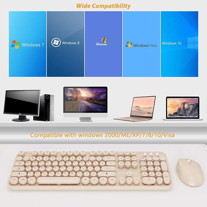Cute Colorful Wireless Keyboard and Mouse Combo | 104 Keys Typewriter Retro Round Keycaps Keyboard for PC Laptop,Desktop,Windows, Home and Office Keyboards, - Image 8