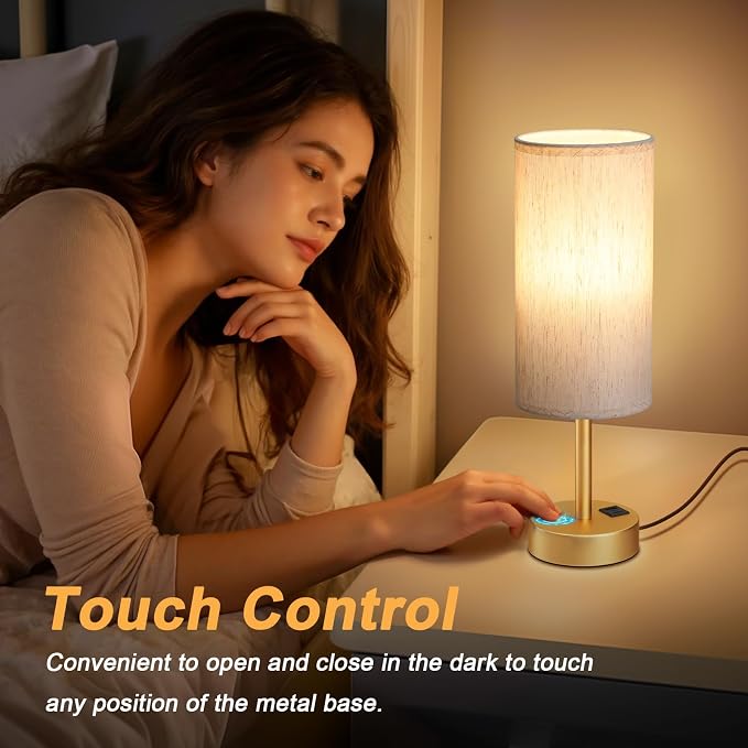 Touch Bedside Lamps for Nightstand - 14" Gold Desk Lamp with USB Ports | USB A+C Ports, 3-Way Dimmable, LED Bulb Included, White Fabric Shade, Gold Brass Base, 14" Night Stand Lamp for Apartment - Image 3