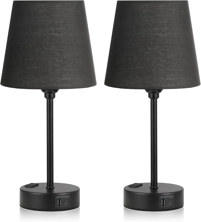 Black Bedside Lamps Set 2 for Bedroom - Dimmable Touch, USB C+A, AC Outlet | 14.5" Mini Lamp, 3-Way Dimmable, LED Bulbs Included, Black Barrel Fabric Lampshade, Nightstand Light for Guest Room, Kids - Image 9