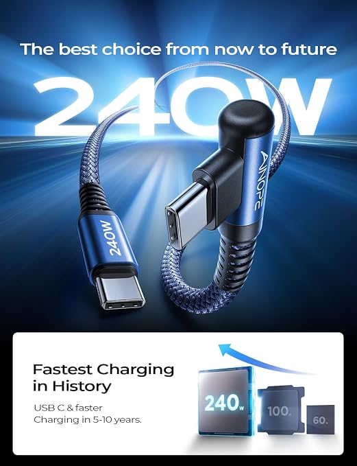 AINOPE 240W USB C to USB C Cable Fast Charging 3.3FT,Right Angle Fast Type C Charging Cable Fits iPhone 16 Pro Max Plus,iPhone 15,MacBook Air/Pro,iPad Pro,Samsung,Pixel,All Devices, Blue, 1 Pack - Image 2