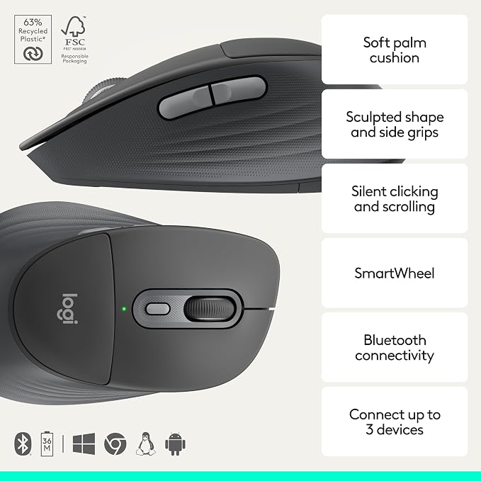 Logitech Signature Comfort Plus MK880 Wireless Keyboard and Mouse- Graphite | Full-size, palm rest, silent clicks, Bluetooth connectivity, compatible with Windows and macOS - Image 3