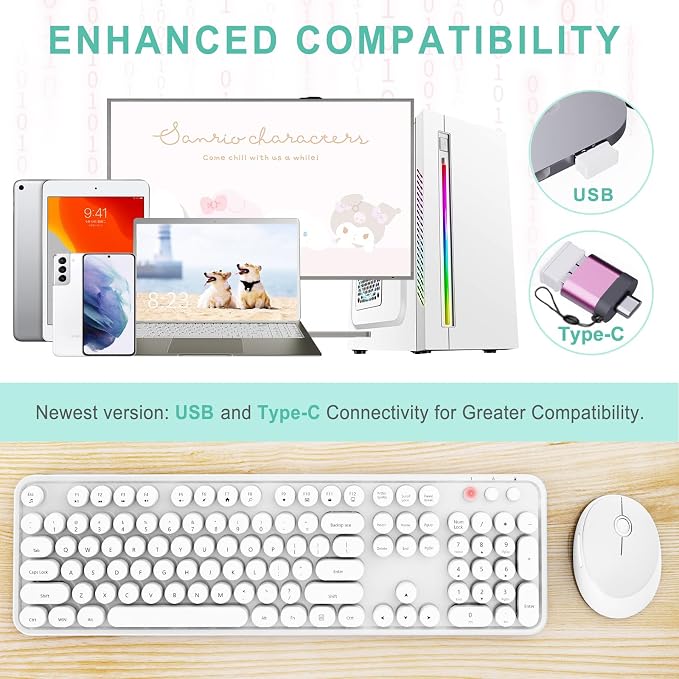 Wireless Keyboard and Mouse Combo, Ergonomic Full Size Typewriter Retro Round Keycaps Keyboard, Compatible with Windows, PC, Perfer for Home and Office Keyboards（White） - Image 2