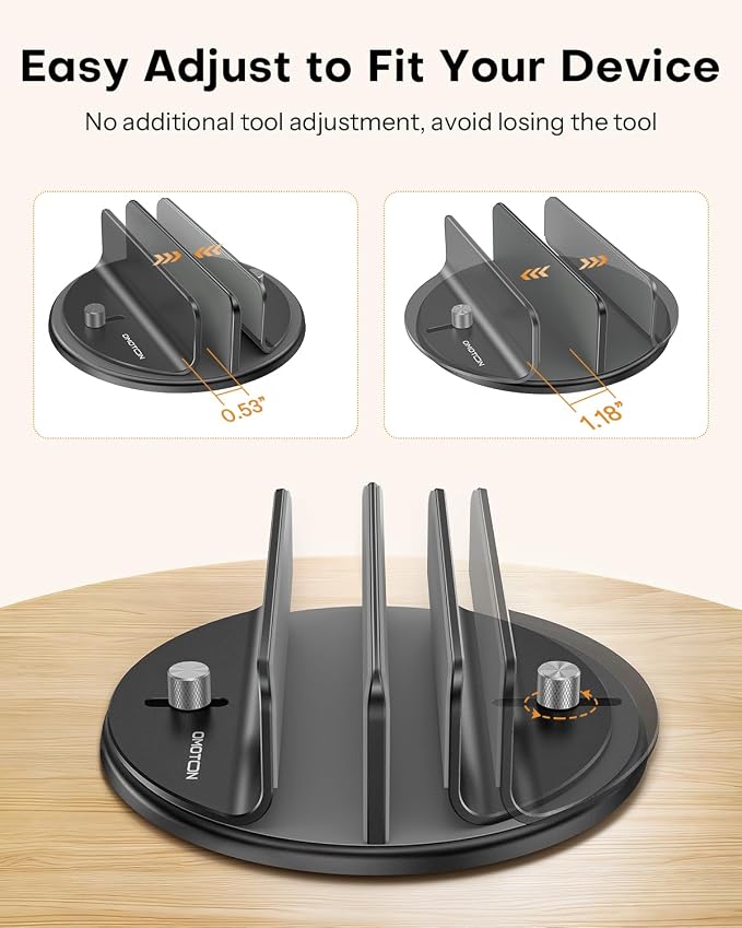 OMOTON 360° Vertical Laptop Stand Holder, Dual-Slot Aluminum Desk Organizer | Sides Knob Adjustment (No Lost Screws), Fits MacBook, iPad, Phones, and Tablets, Non-slip silicone, up to 17.3" - Image 3