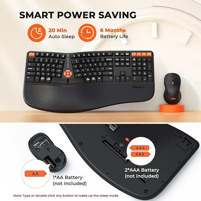 MEETION Ergonomic Wireless Keyboard and Mouse Combo, Split Design | Full-size keyboard with cushioned palm rest, 2.4G & Bluetooth multi-device connection, 4-level DPI mouse for Windows & Mac - Image 7