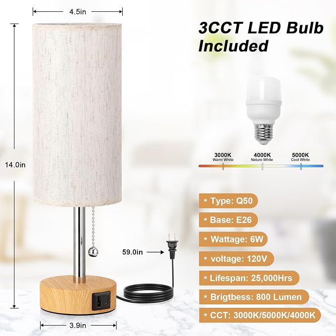 Bedside Table Lamp for Bedroom Nightstand - Small Desk Lamp with USB Ports | USB A+C Ports, 3 Color Temperatures, LED Bulb Included, Linen-Fabric Lampshade, Wood Grain Base, 14" Tall Desk Lamp - Image 2