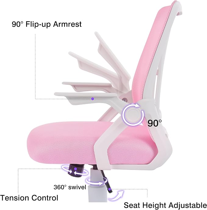 VECELO Mid-Back Swivel Ergonomic Office Chair with Adjustable Arms Mesh Lumbar Support for Computer Task Work, Pink - Image 5