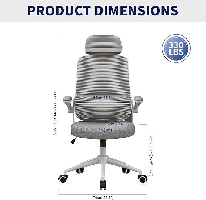 Ergonomic Office Chair - Desk Chair with Adjustable Headrest Lumbar Support Computer Chair - Mesh Comfy Chair with Flip-up Armrests - Gaming Chairs for Adults Home Office (White+Gray) - Image 3