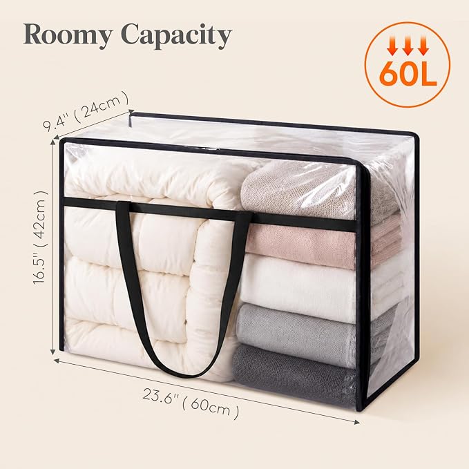 Lifewit 3 Pack Clear Blanket Storage Bags, 60L Plastic Comforter Storage Bag, Vinyl Foldable Moving Bags with Zipper, Clothes Storage Bags, Closet Organizers for Bedding, Duvet | 3 Pack Vinyl Foldable Moving Bags with Zipper, Closet Organizers and Stor... - Image 3