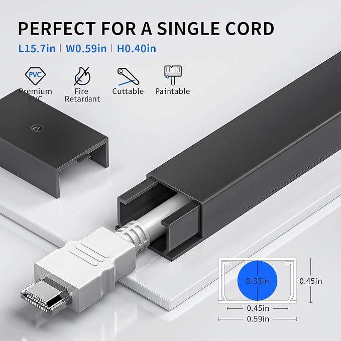 142in Black Cord Hider, Delamu Black Cord Covers for Wires on Wall, One-Cord Wire Cover, Snap-on Design Cable Hider for Corner-Mounted TVs, Easy Set up Cable Cover Raceway, L15.7 W0.59 H0.4in - Image 2